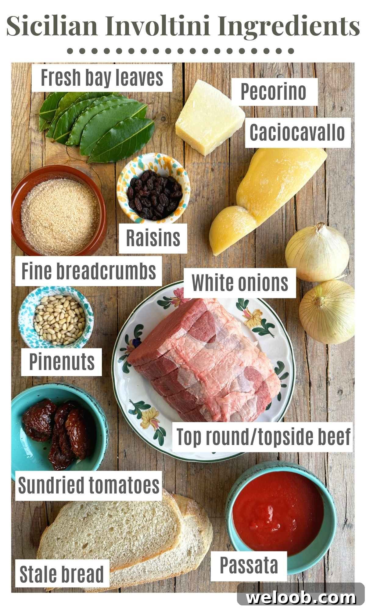 An overhead shot of all the ingredients needed to make Sicilian involtini.