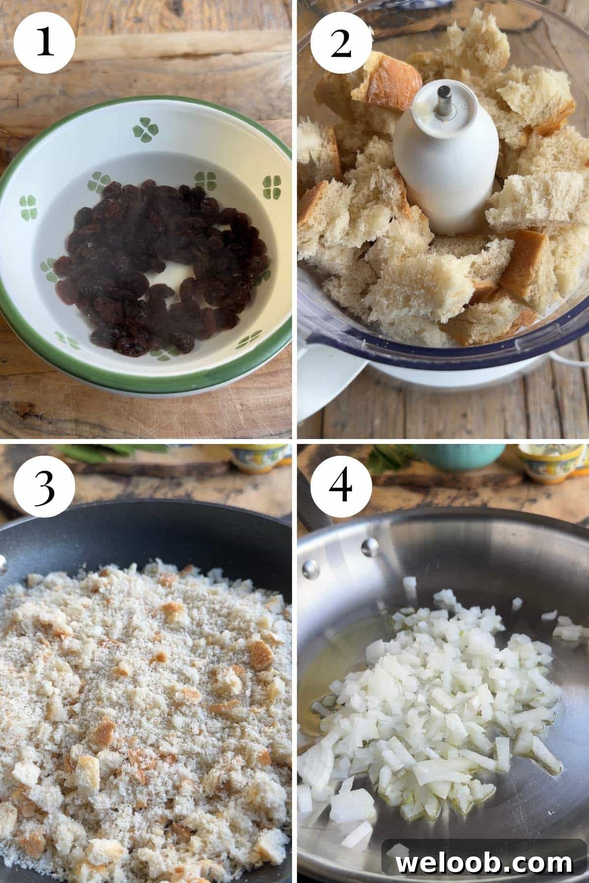 Four photos in a collage showing how to soak raisins and make breadcrumbs.