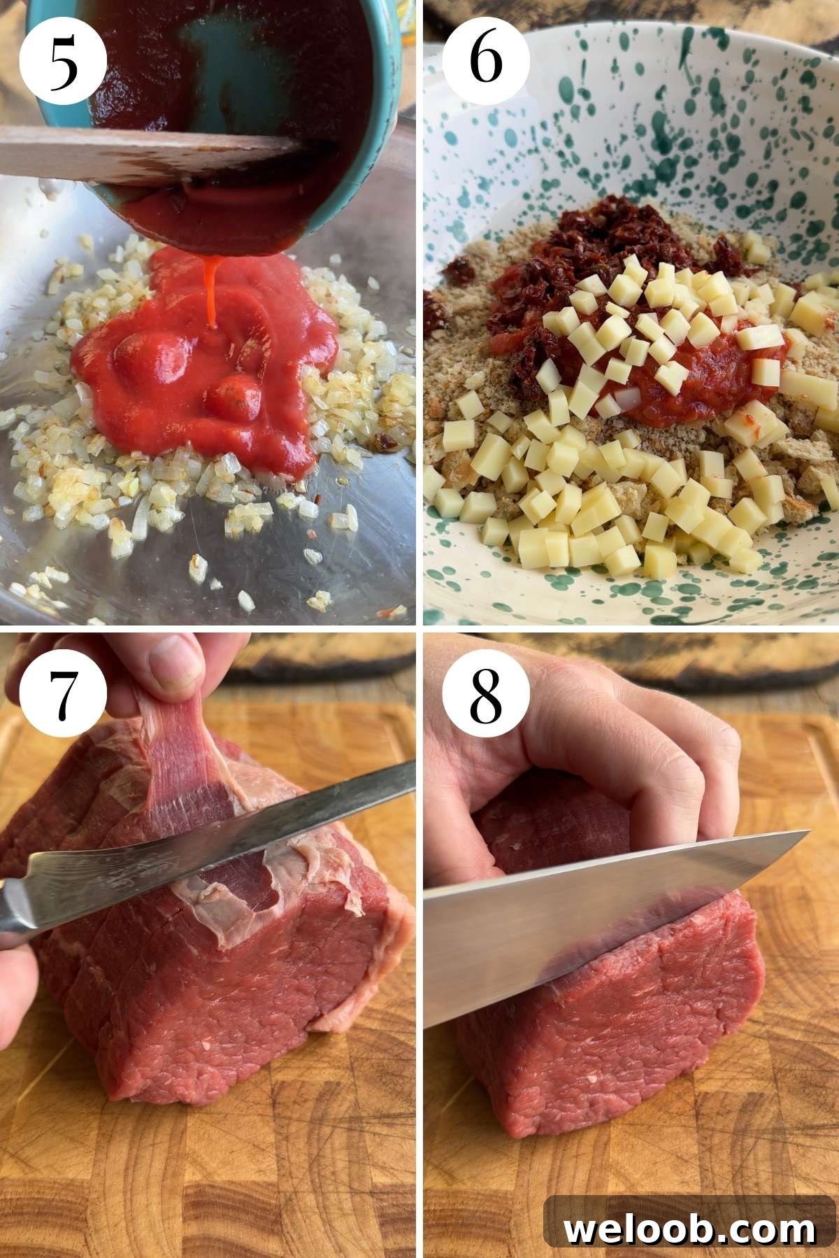 Four photos in a collage showing how to make the involtini filling and slice beef.