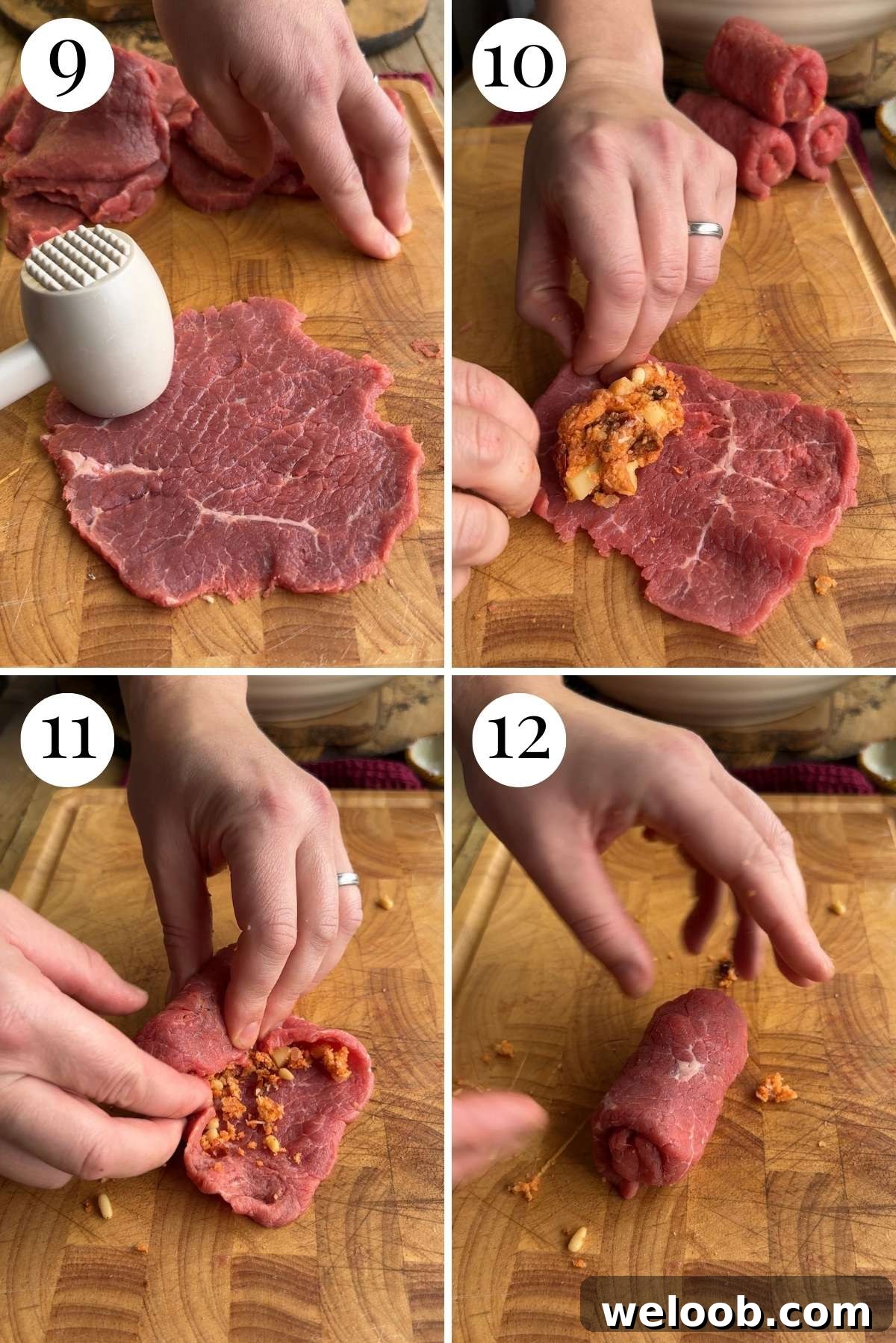 Four photos in a collage showing how to stuff and roll involtini.