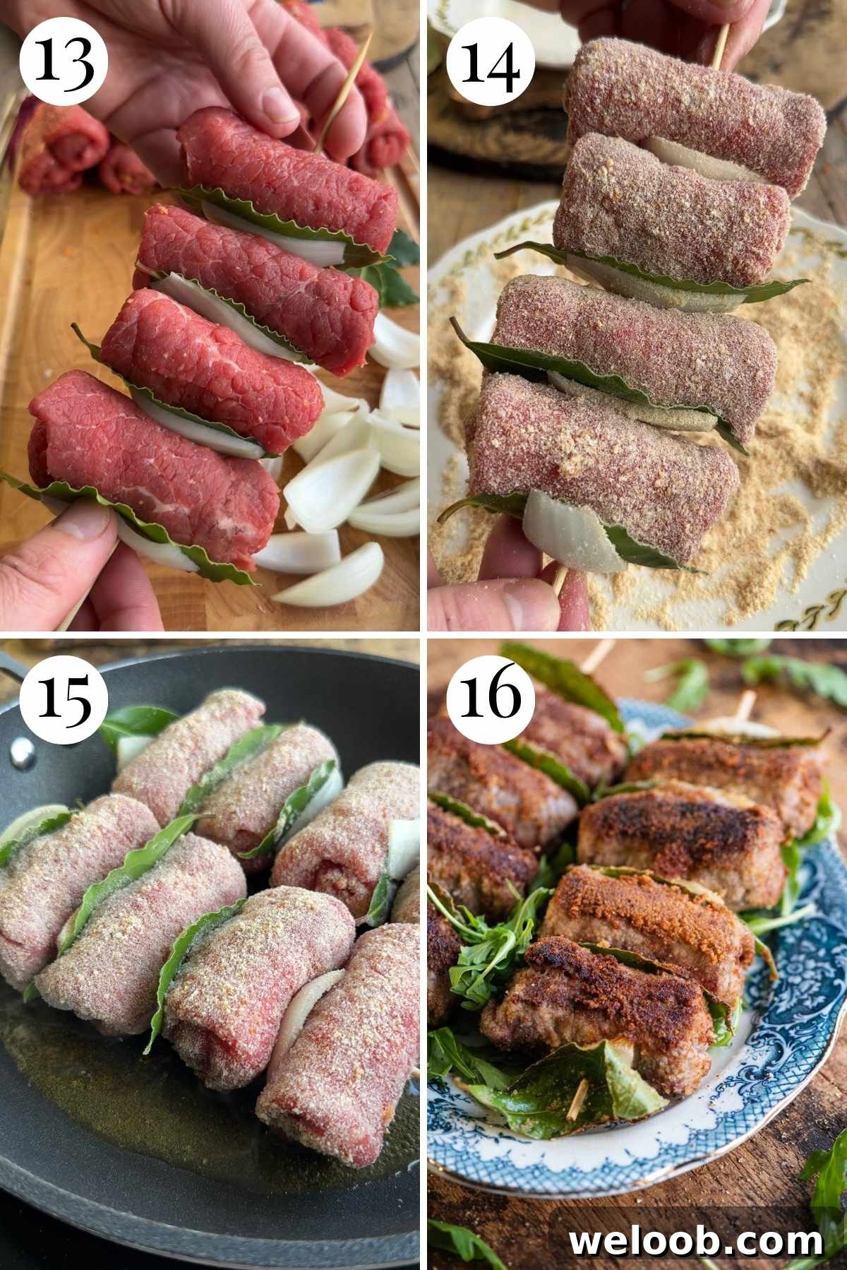 Four photos in a collage showing how to bread and fry Sicilian involtini.