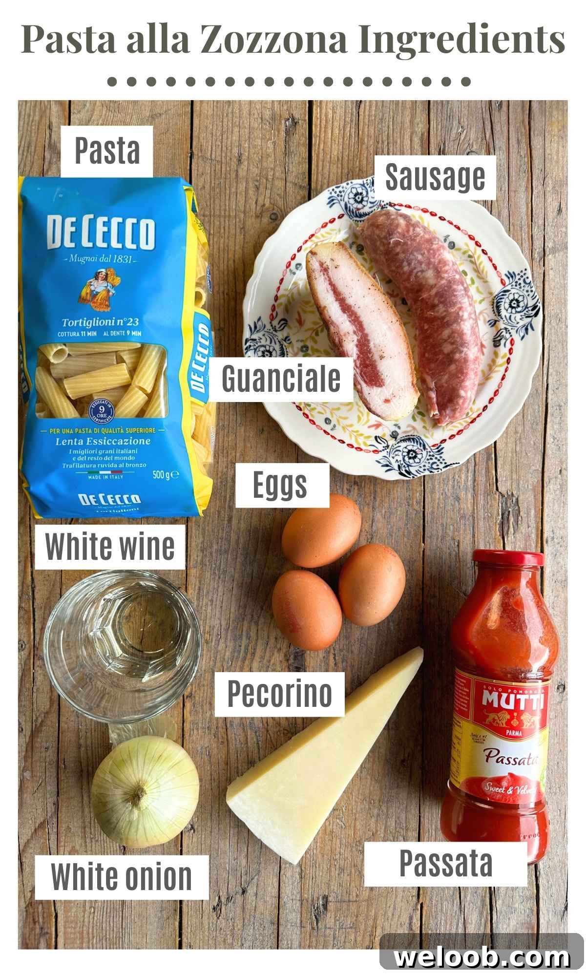 An overhead shot of all the ingredients needed to make pasta alla zozzona.