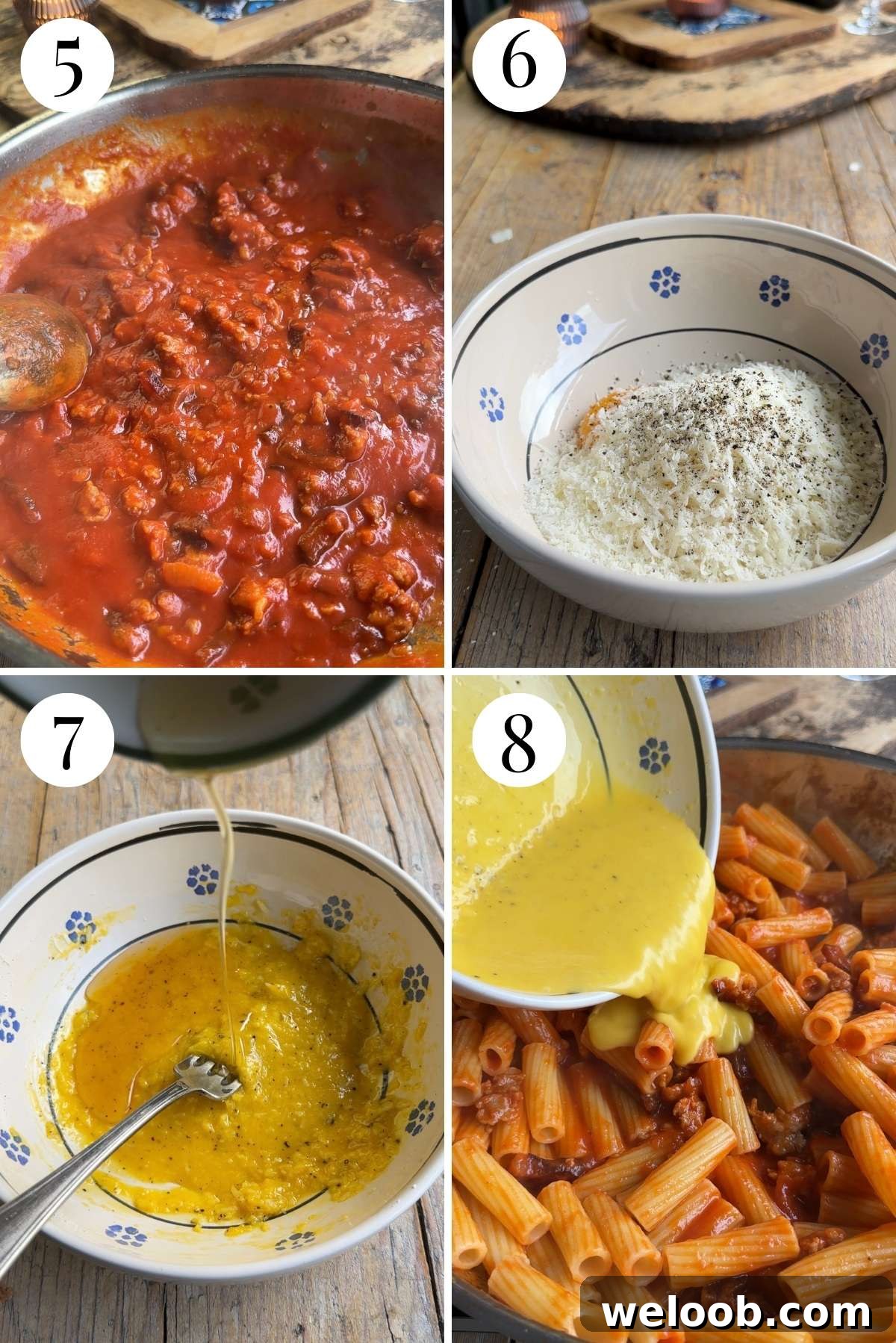 Four photos in a collage showing how to add an egg yolk mixture to pasta alla zozzona.
