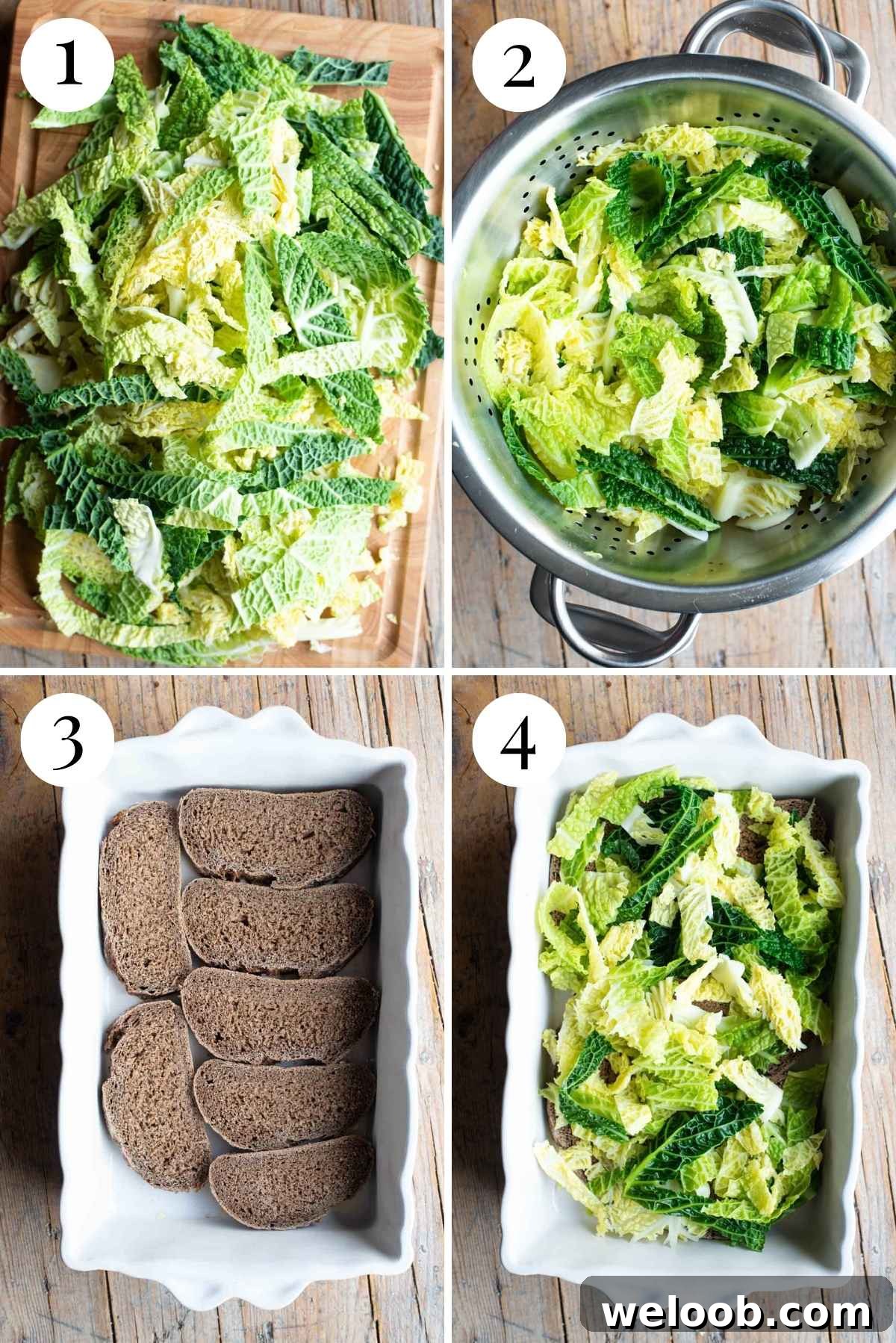 Four photos in a collage showing how to layer zuppa valpellinese.