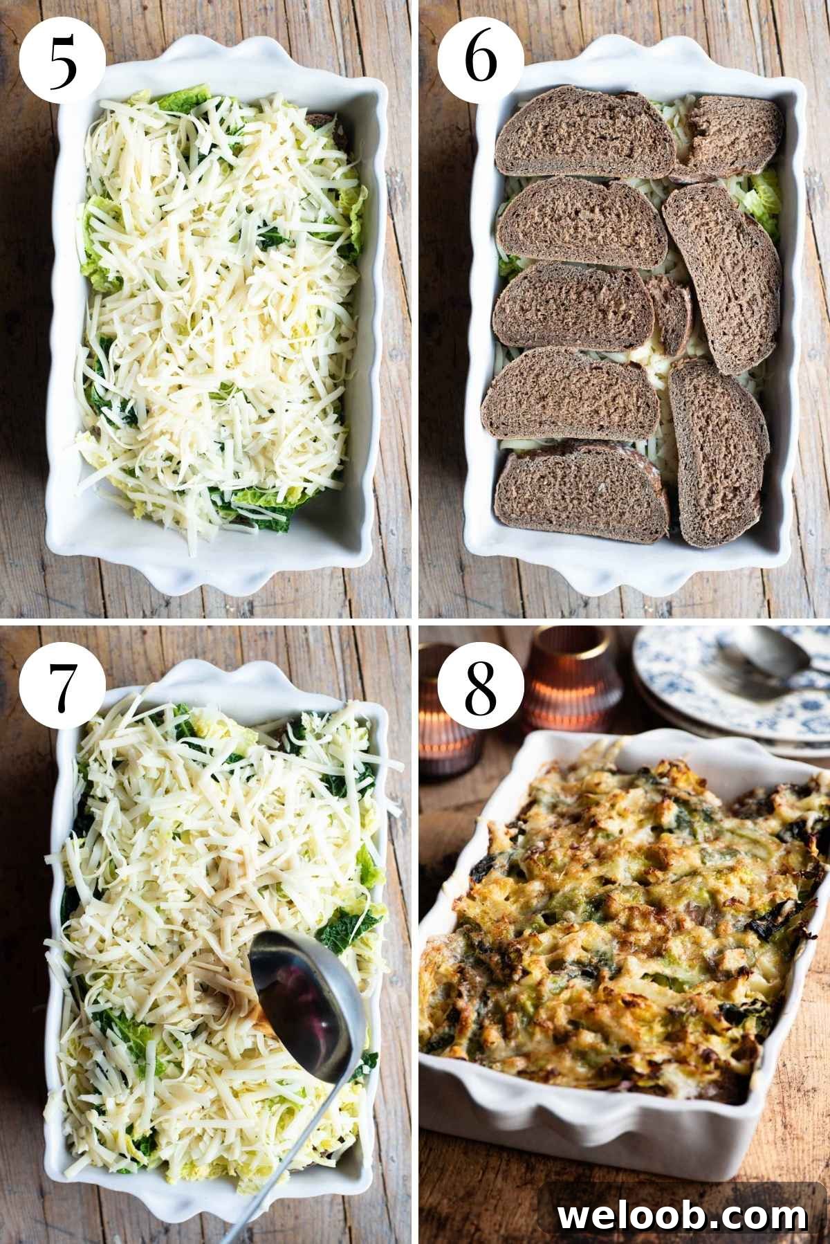 Four photos in a collage showing how to layer and bake zuppa valpellinese.
