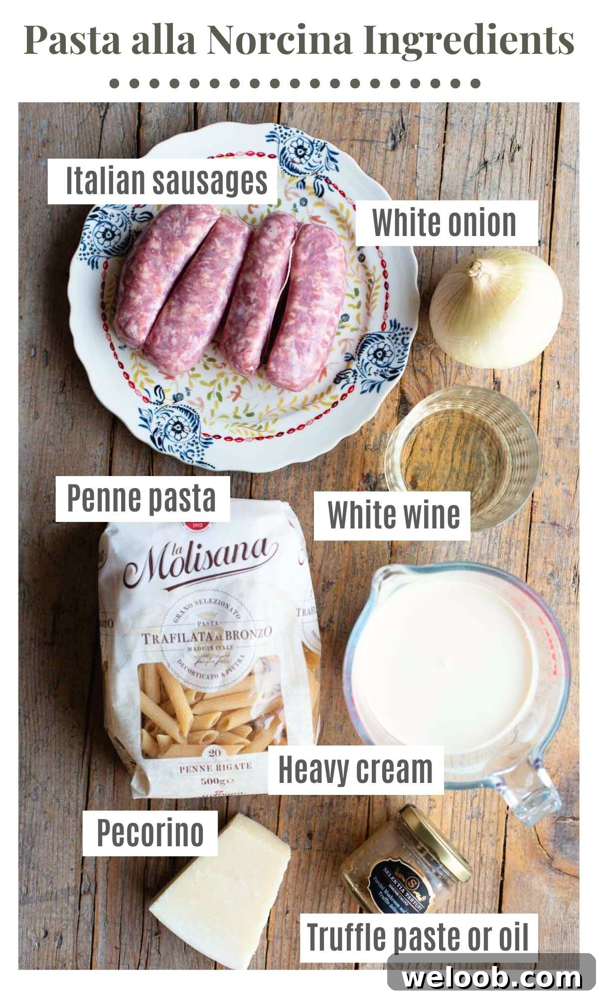 An overhead shot of all the ingredients needed to make pasta alla norcina.