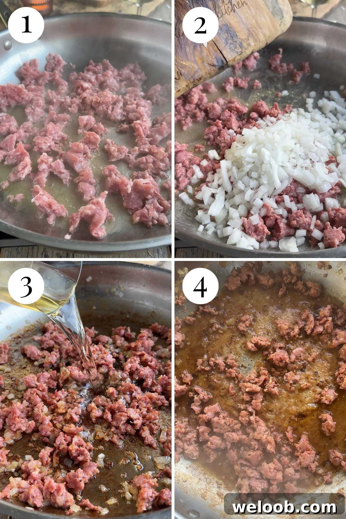 Four photos in a collage showing how to brown sausage and onion and deglaze a pan with white wine.