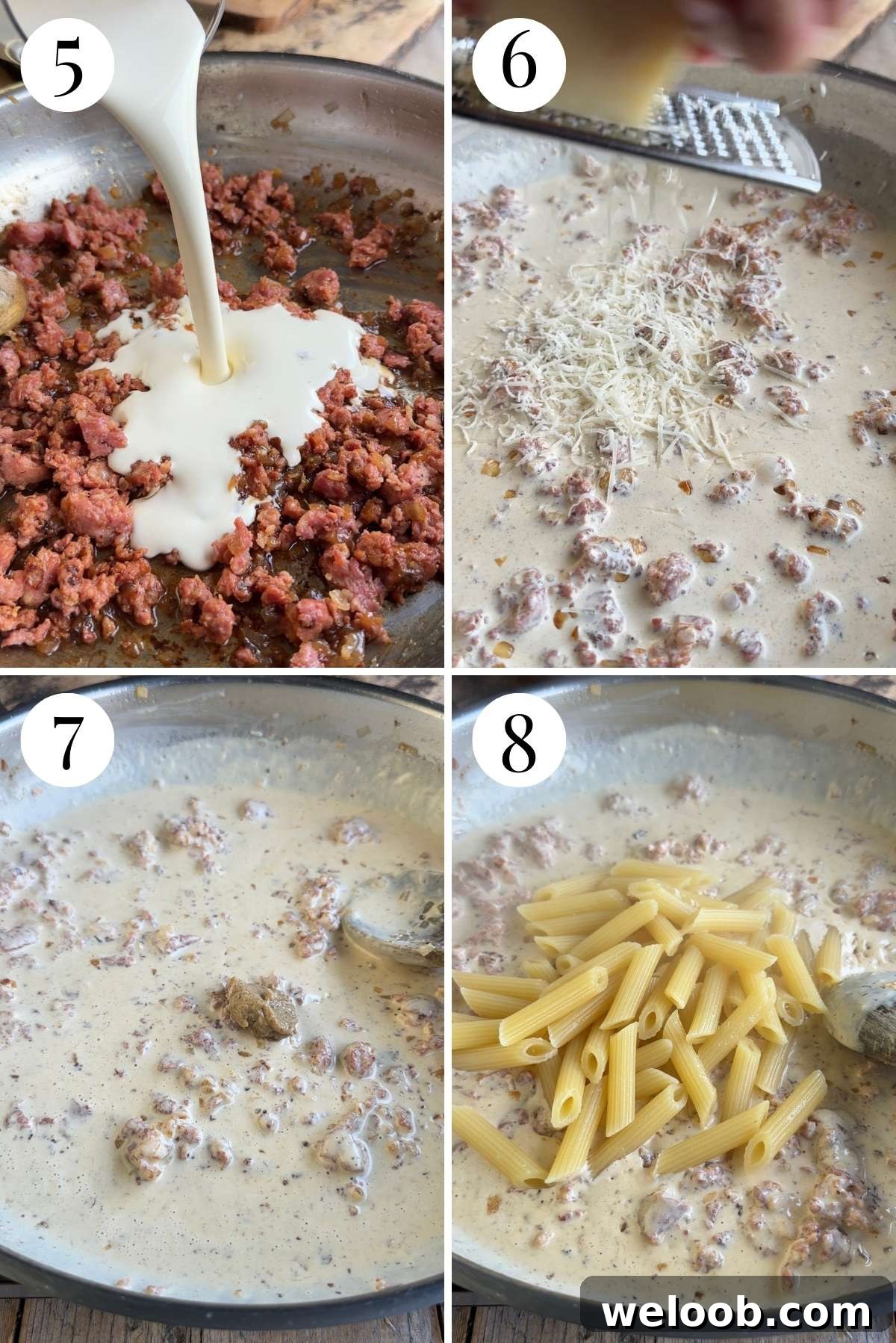 Four photos in a collage showing how to make a creamy sausage sauce.