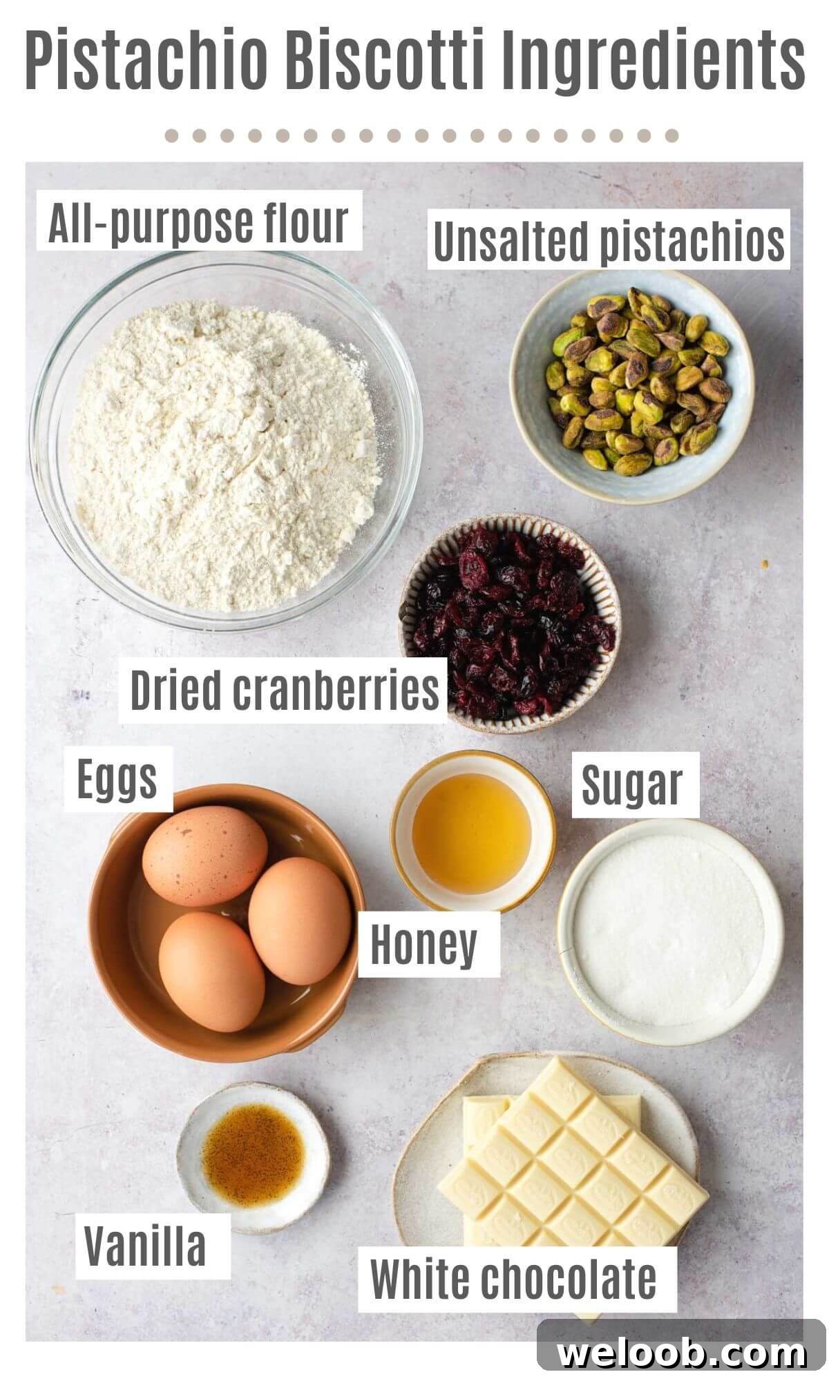 An overhead shot of all the ingredients you need to make cranberry and pistachio biscotti