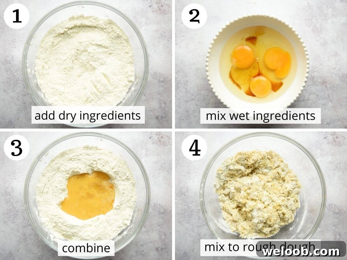 Step by step photos showing how to mix wet and dry ingredients to make biscotti