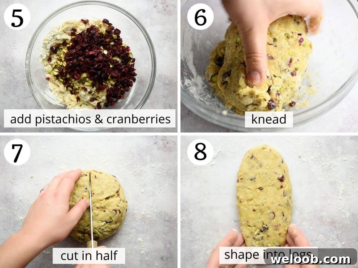 Step by step photos showing how to make pistachio biscotti dough