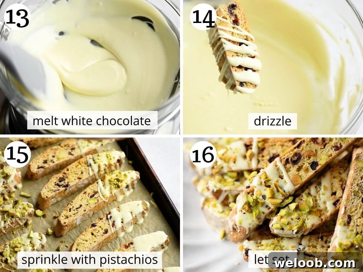 Step by step photos showing how to dip biscotti in white chocolate and pistachios