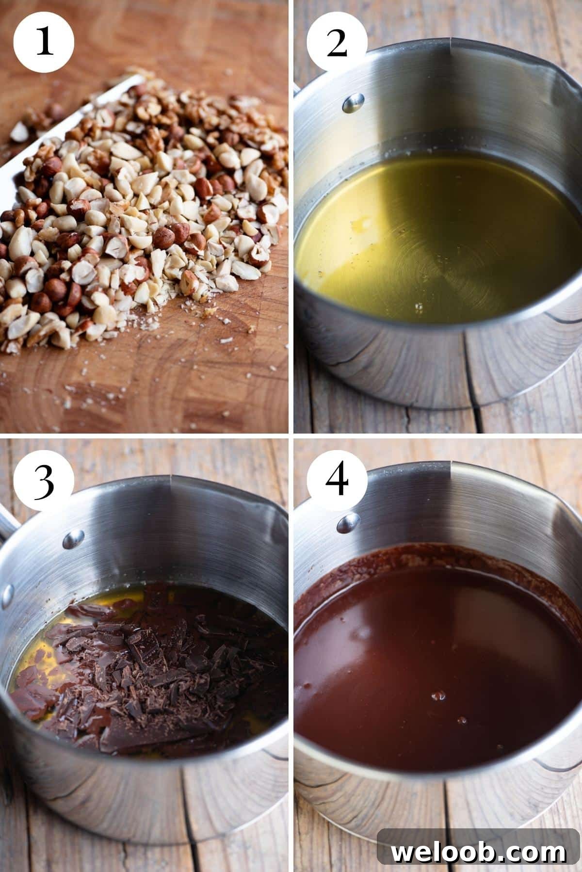 Four photos in a collage showing how to melt honey, chocolate and add nuts together.