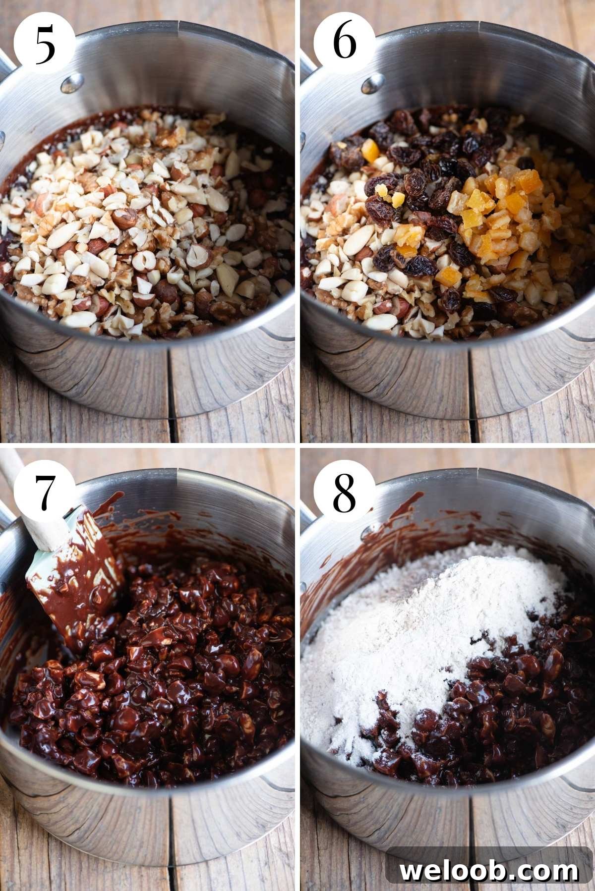 Four photos in a collage showing how to mix chocolate, fruit, nuts and flour together.