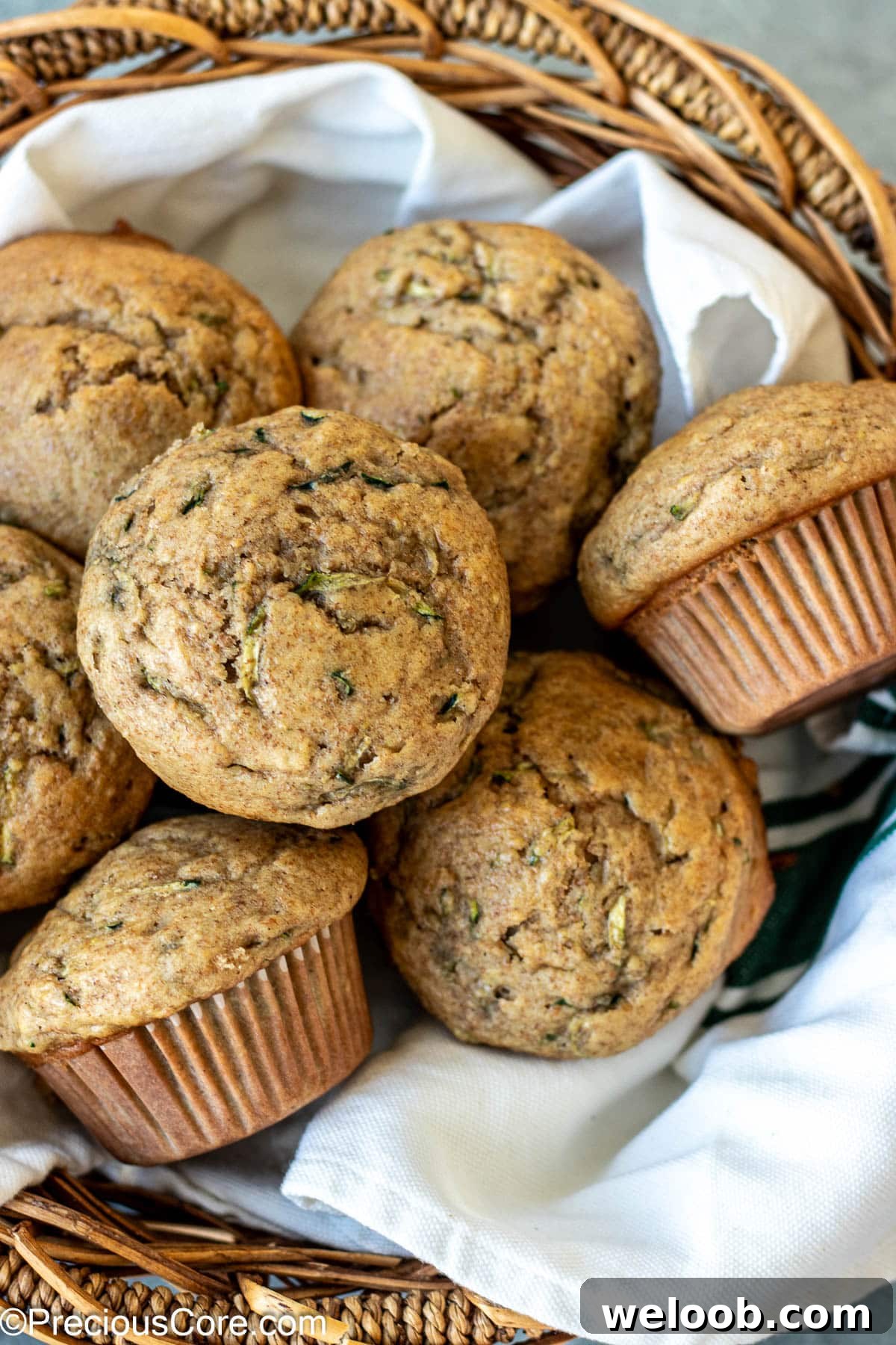 Muffins in a basket lined with a kitchen cloth.