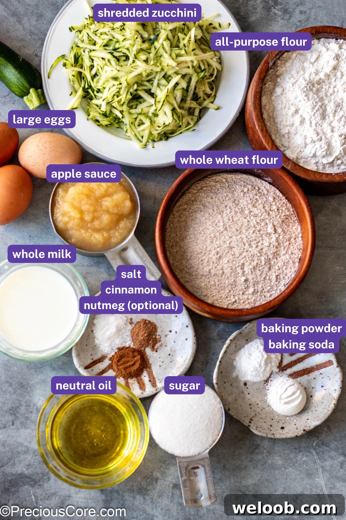 Ingredients for zucchini muffins with labels on them.