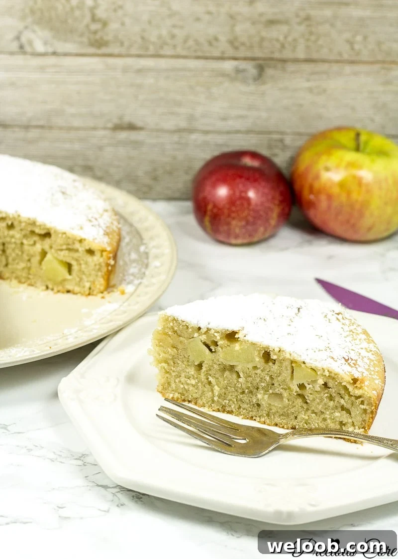 A slice of old fashioned fresh apple cake.