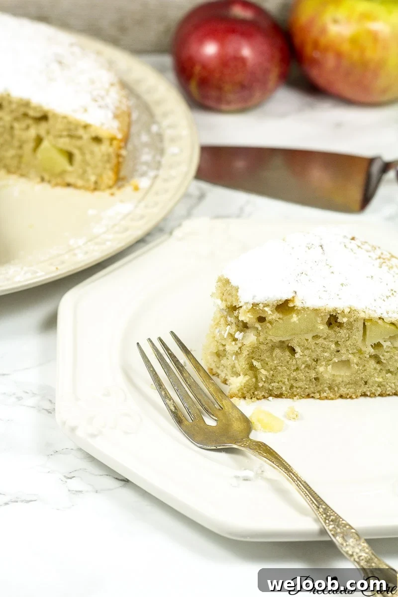 Cake on plate with fork nearby.