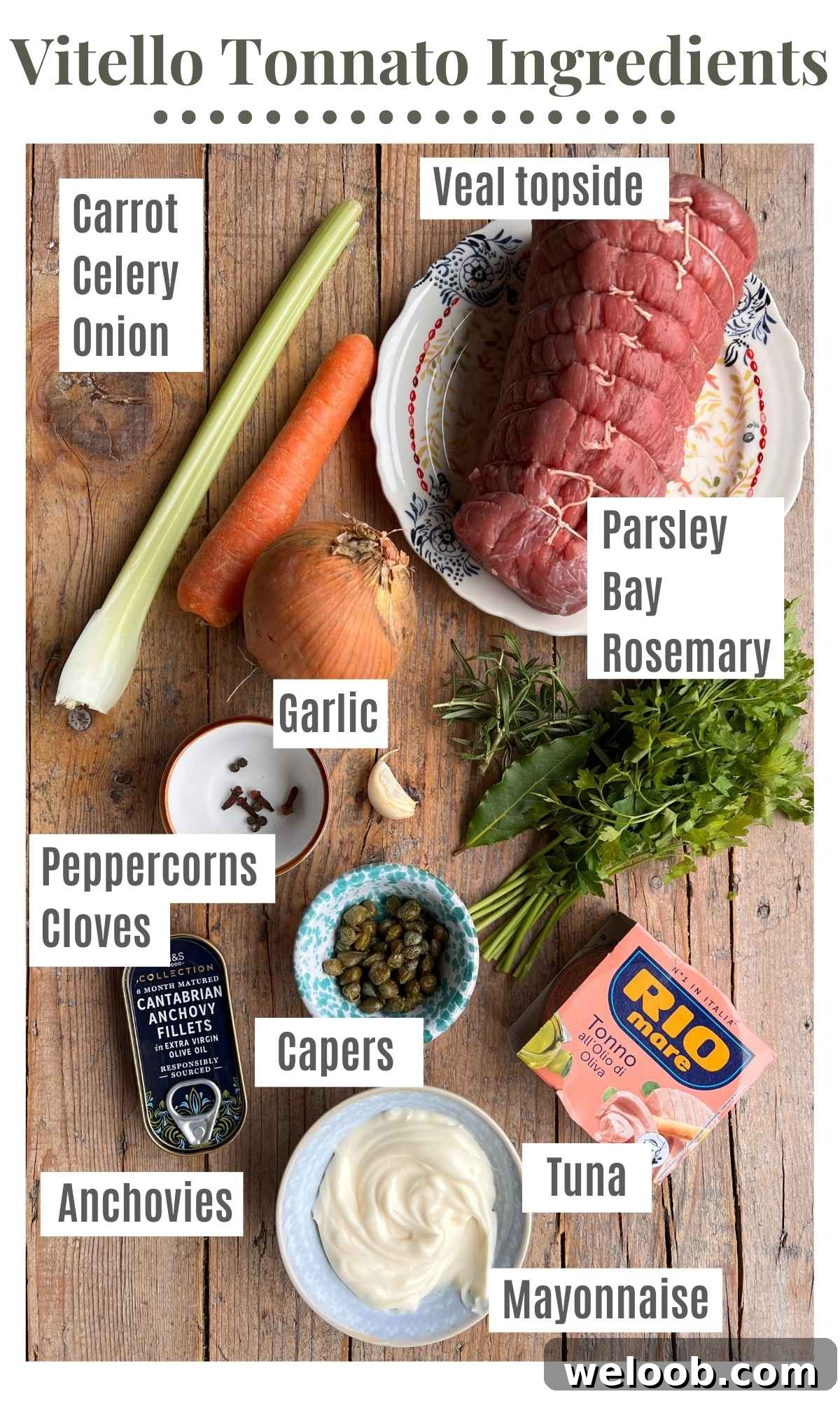 An overhead shot of all the ingredients needed to make Vitello Tonnato.