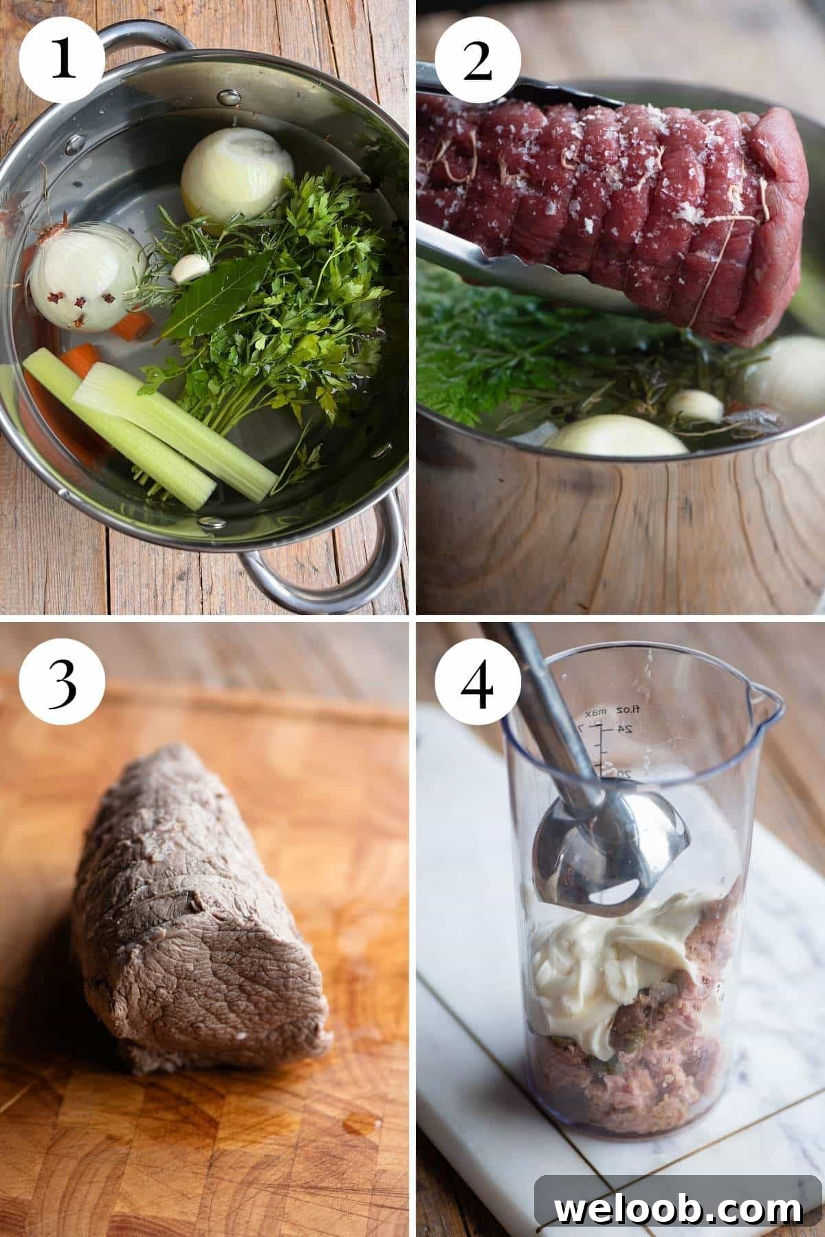 Four photos in a collage showing how to make vitello tonnato.