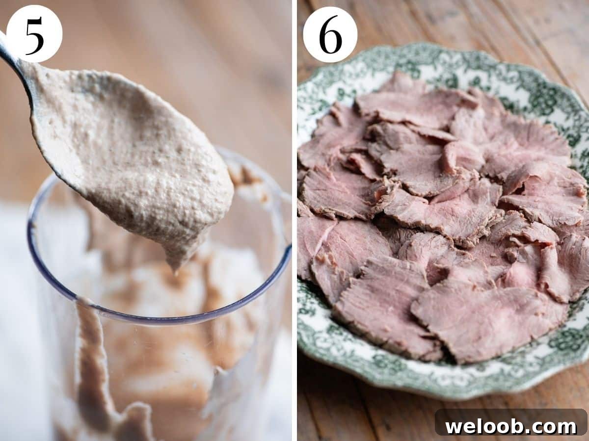 Two photos in a collage showing the consistency of the vitello tonnato sauce and how thinly to slice the veal.