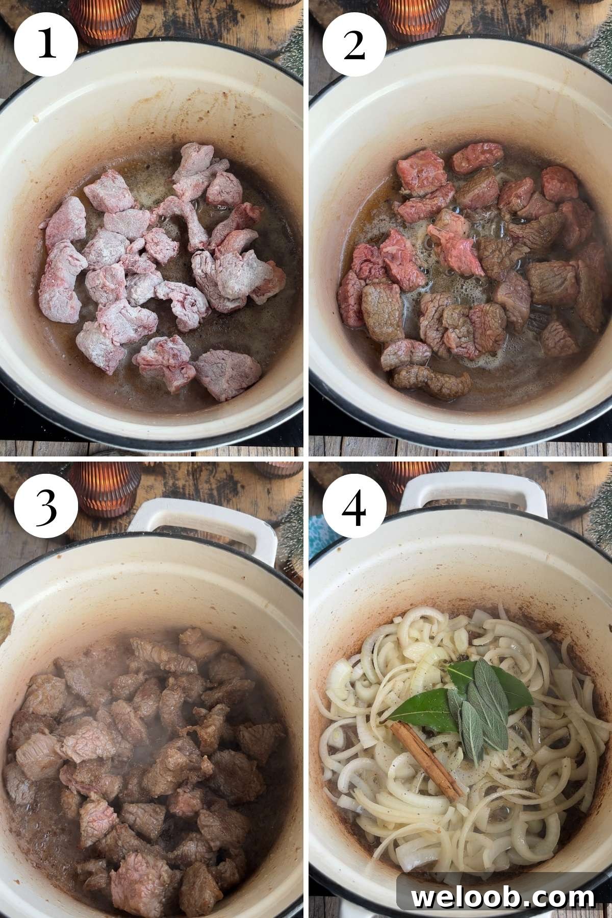 Four photos in a collage showing how to brown beef and onions.