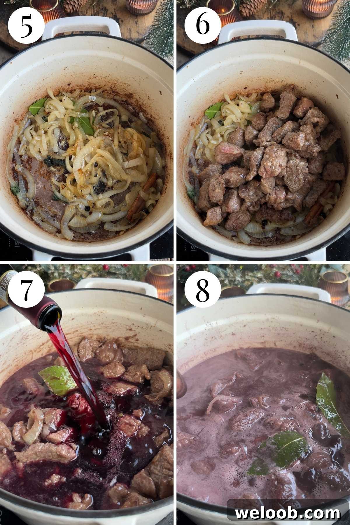 Four photos in a collage showing how to add wine and spices to a beef stew.