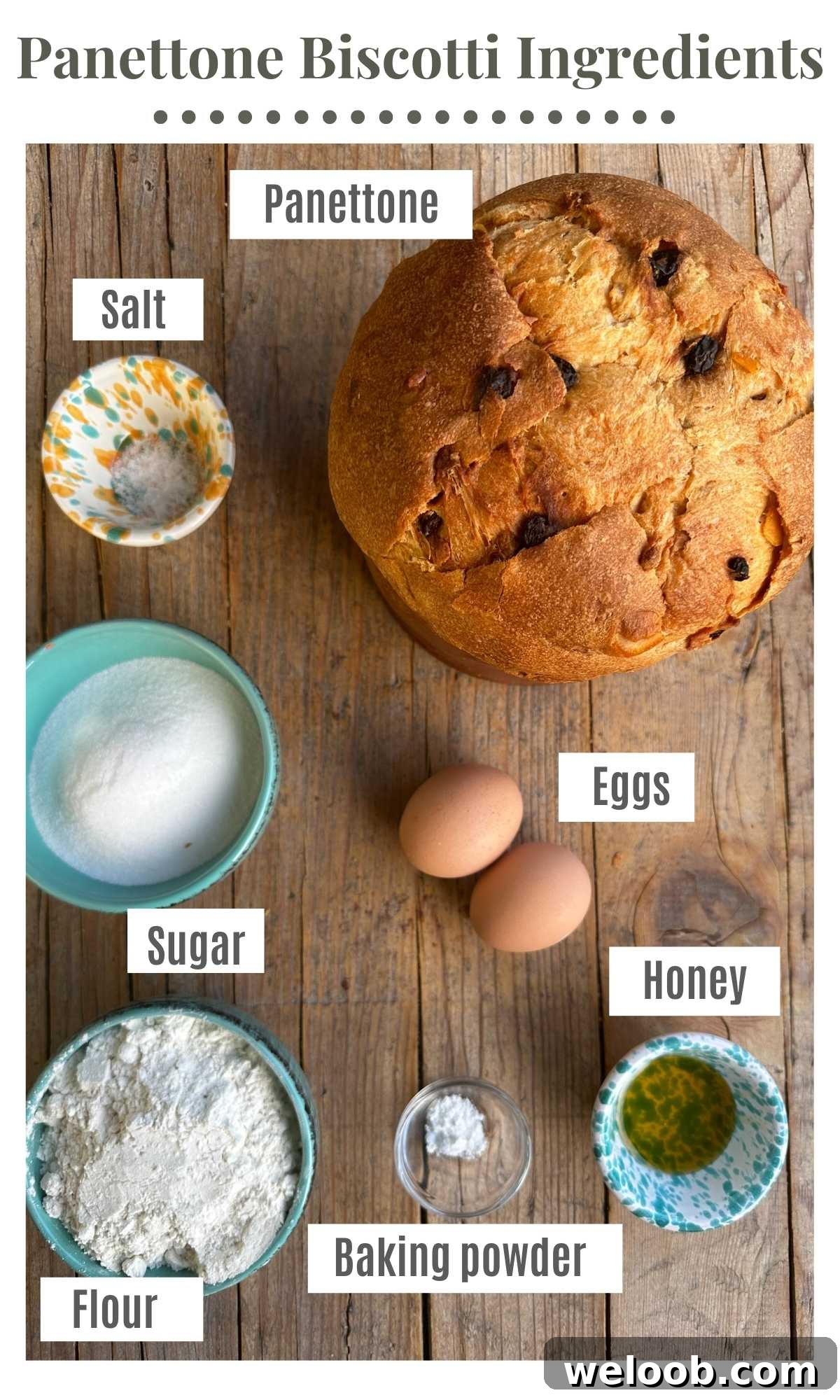 An overhead shot of all the ingredients needed to make Panettone Biscotti.