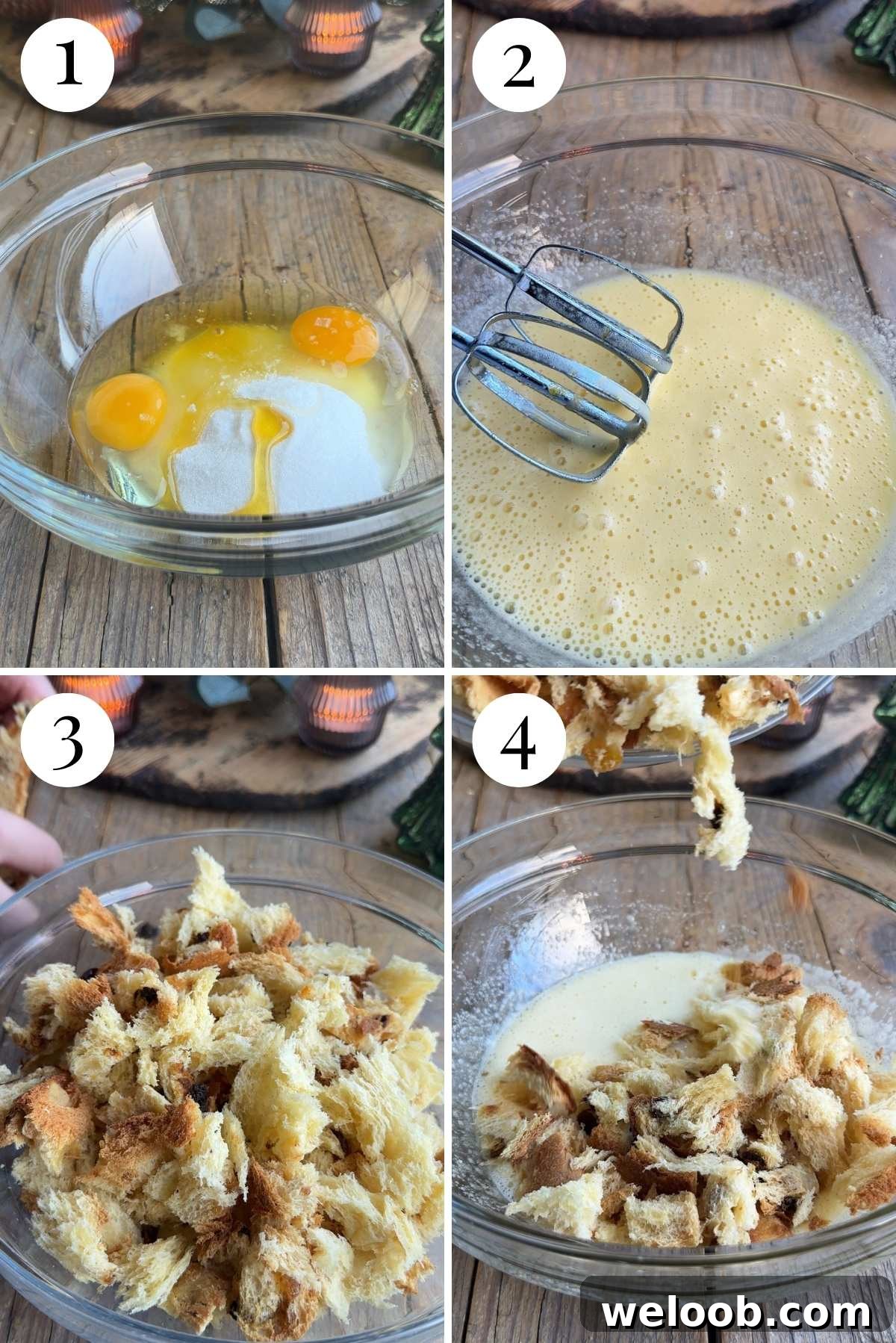 Four photos in a collage showing how to mix eggs, sugar, honey and panettone together.
