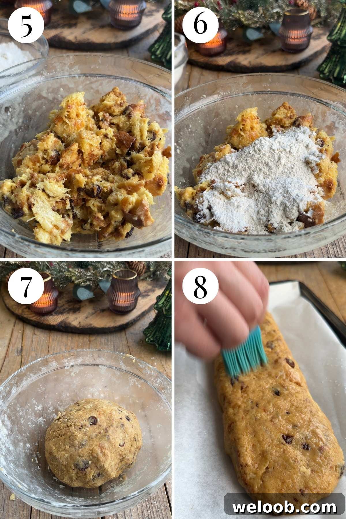 Four photos in a collage showing how to make biscotti cookie dough and shape it into a log.