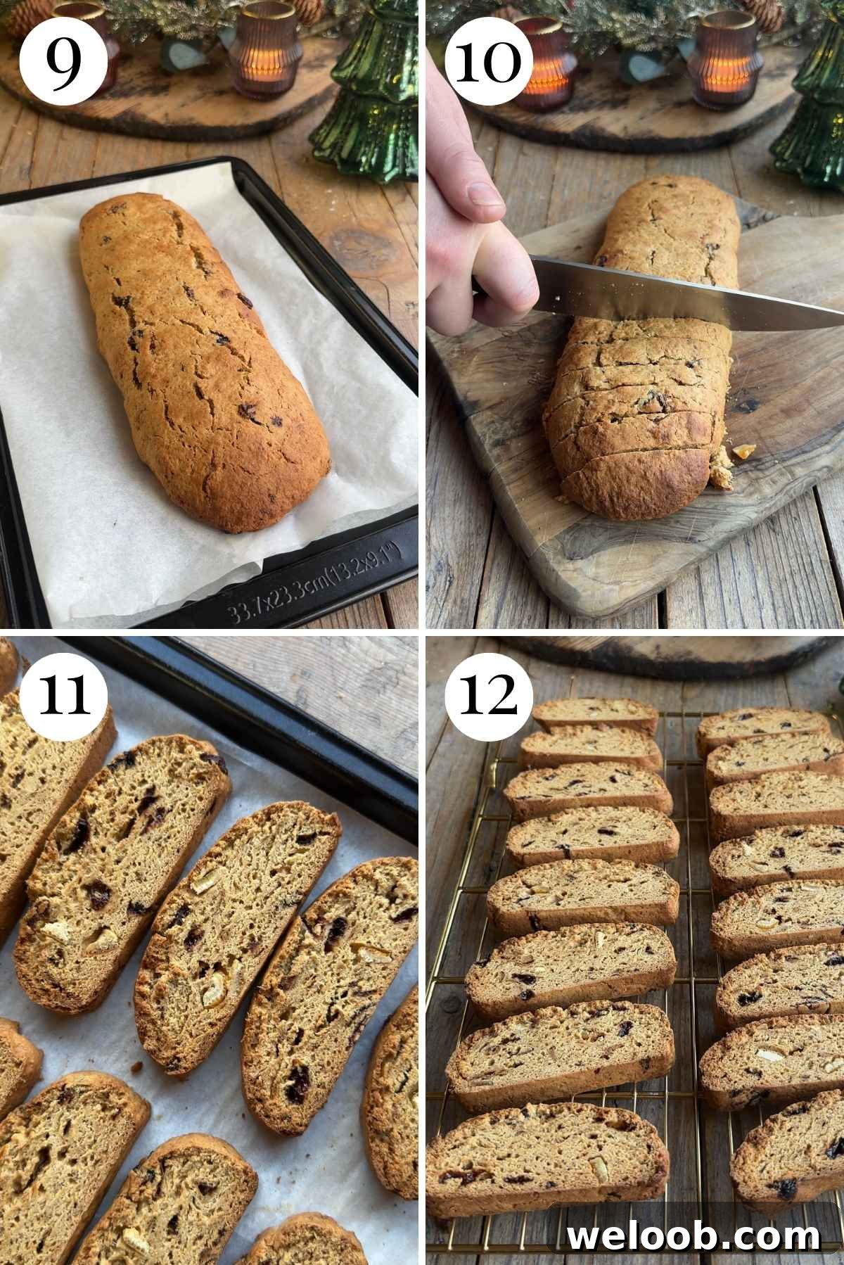 Four photos in a collage showing how to cut biscotti.