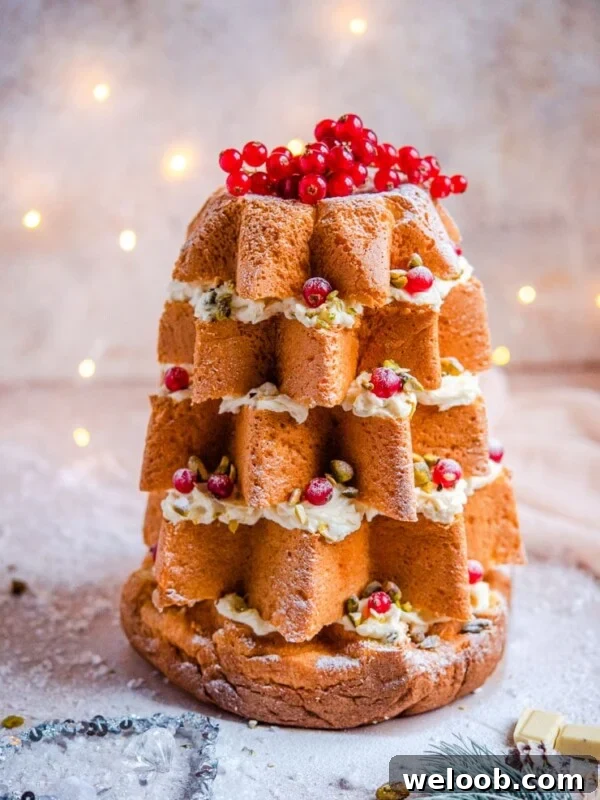 A pandoro christmas cake topped with redcurrants and nuts