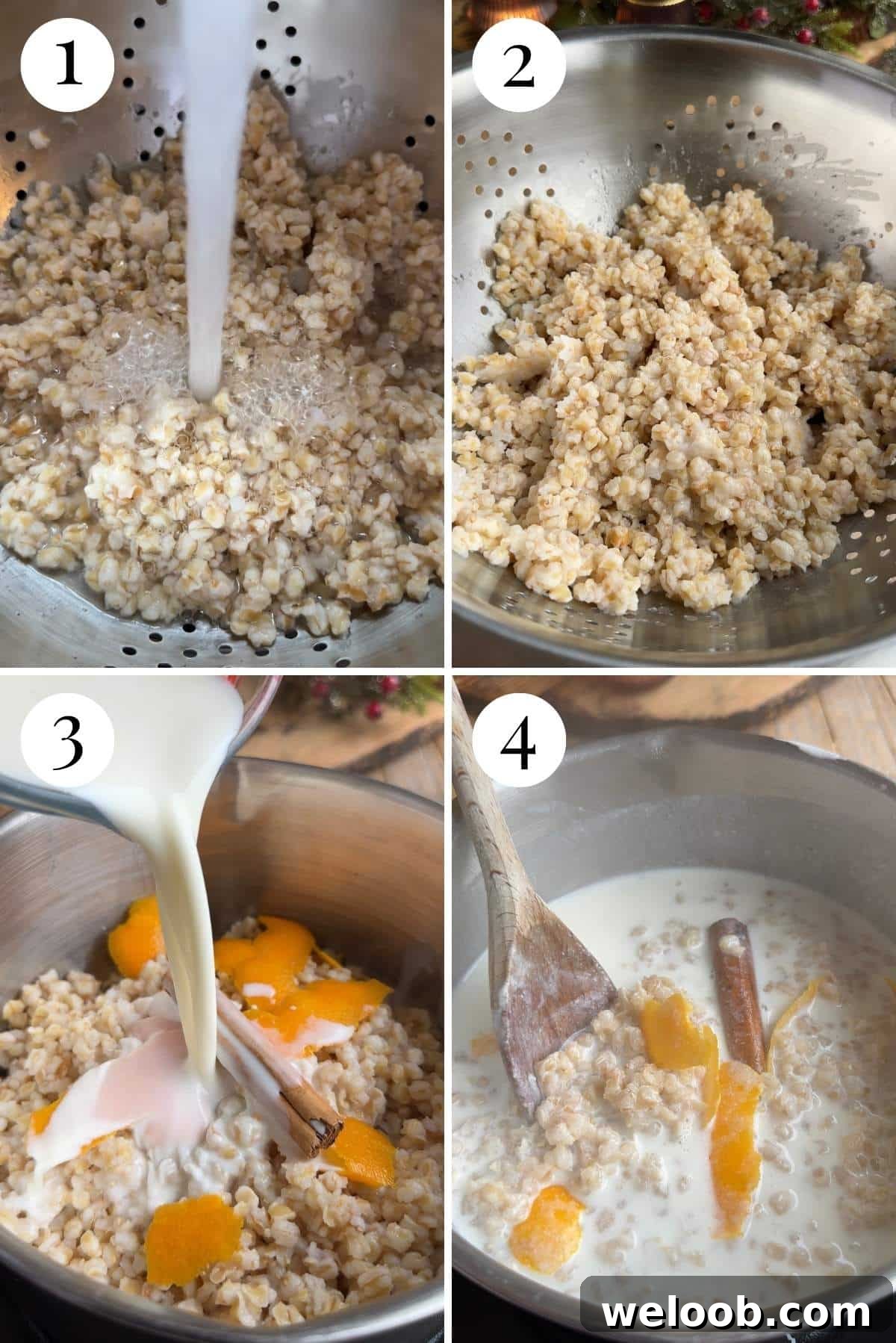 Four photos in a collage showing how to rinse grano cotto and cook it with milk and spices.