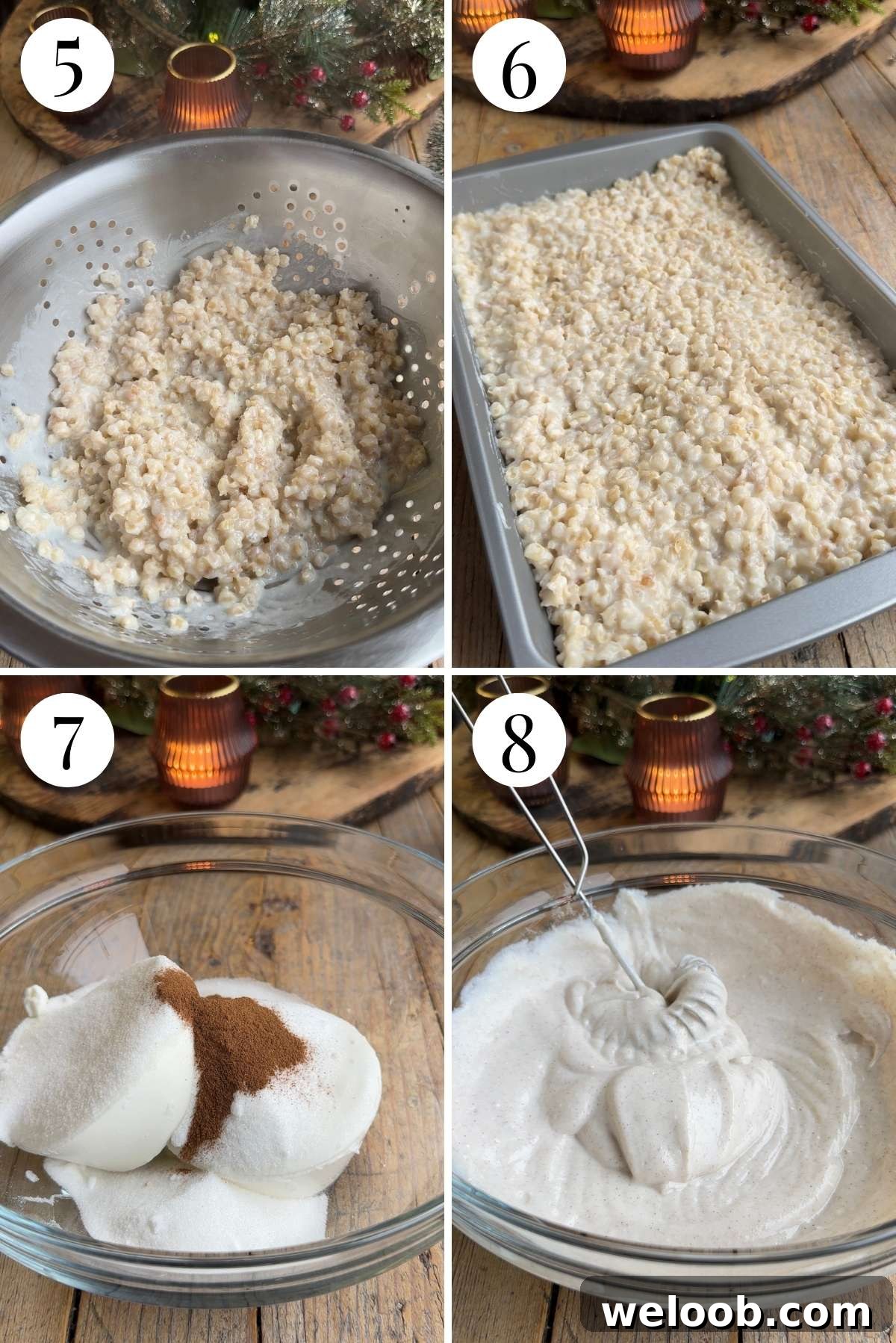 Four photos in a collage showing how to cool the grano cotto and make a ricotta mixture.