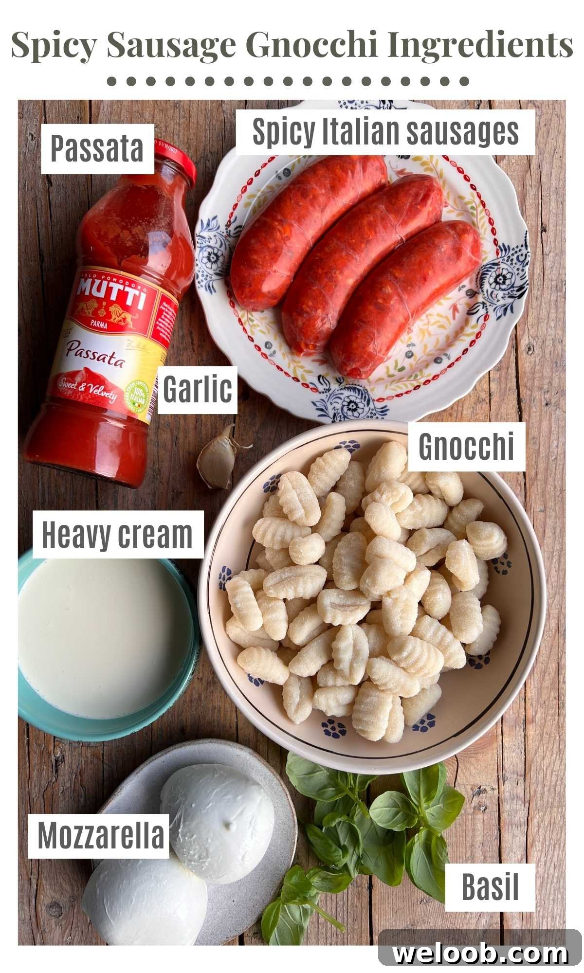 An overhead shot of all the ingredients needed to make gnocchi baked in a spicy sausage sauce.
