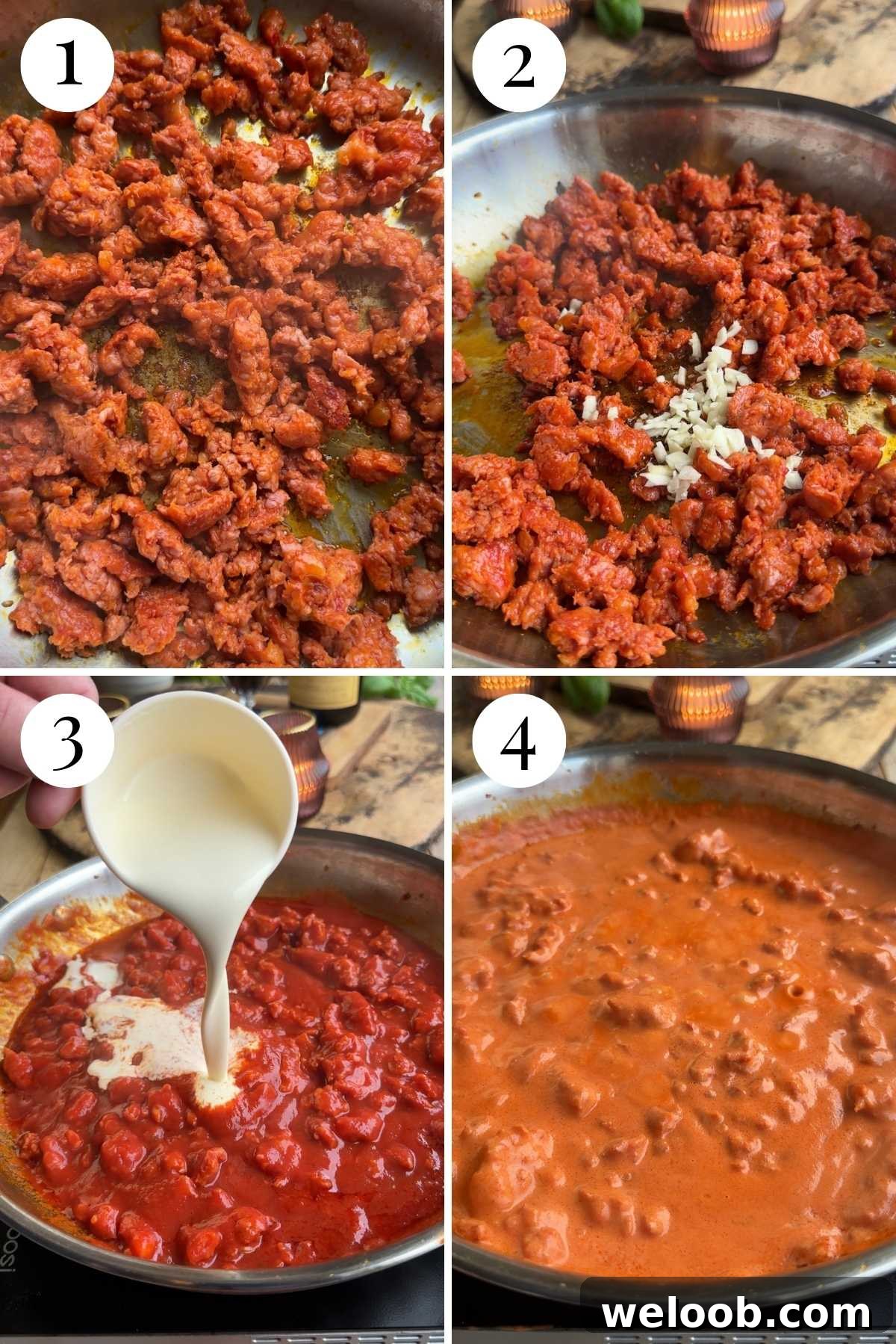 Four photos in a collage showing how to fry sausage, garlic and make a creamy tomato sauce.