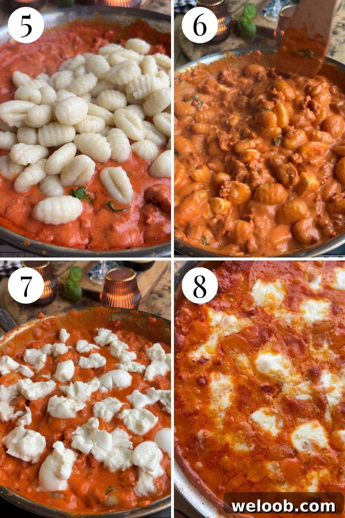 Four photos in a collage showing how to bake gnocchi with mozzarella.