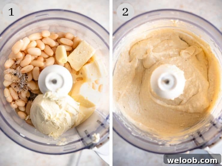 Two process shots showing how to make a white bean dip