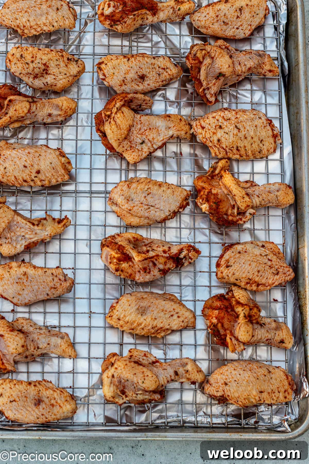 Wings placed on oven-safe baking rack.