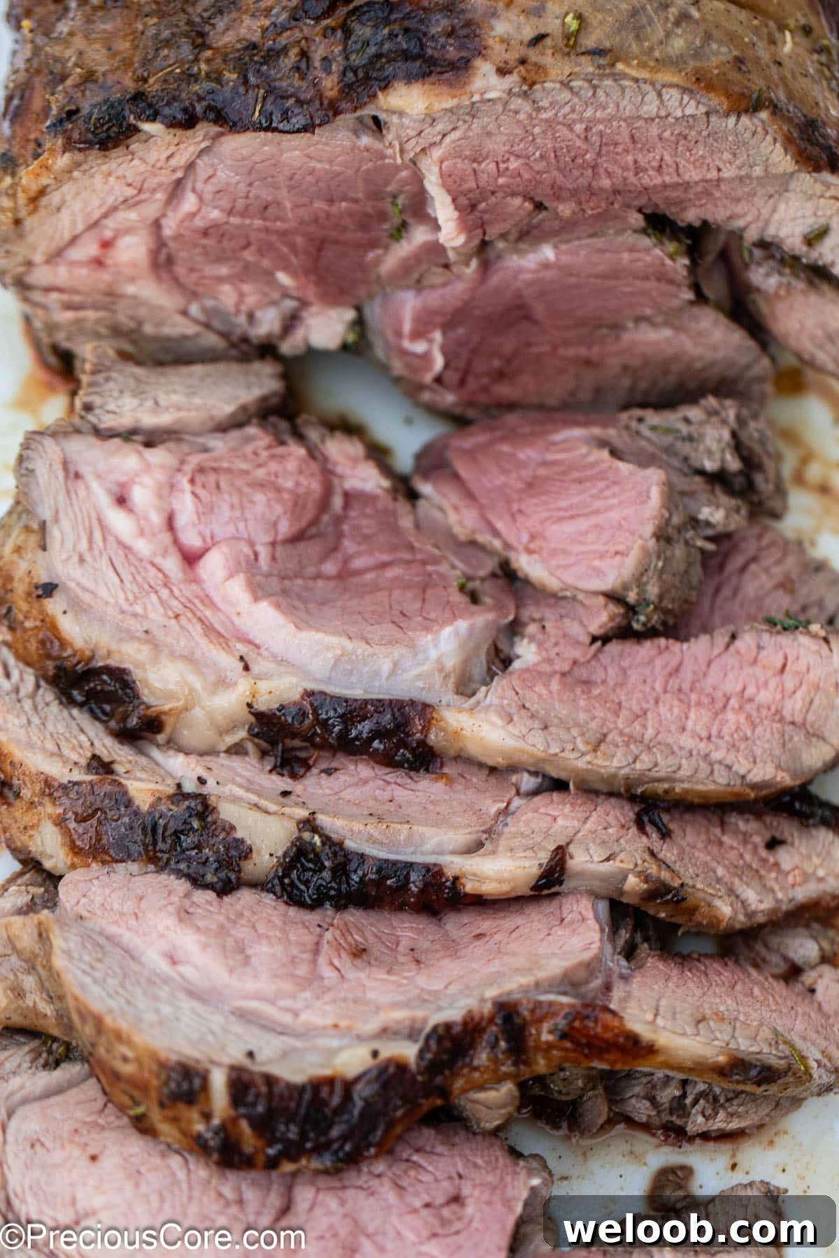 Freshly sliced lamb roast.