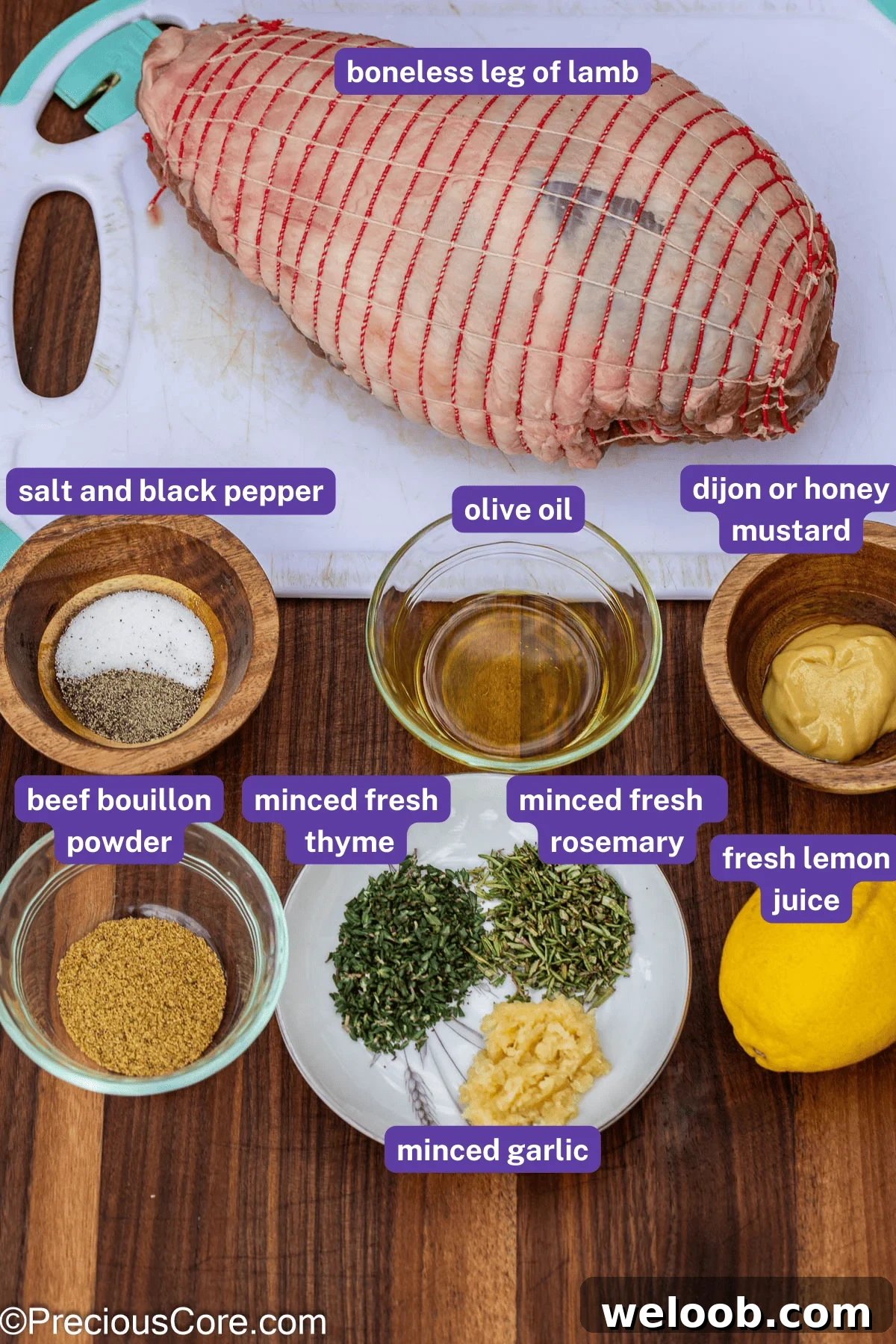 Ingredients for roasted lamb with labels.