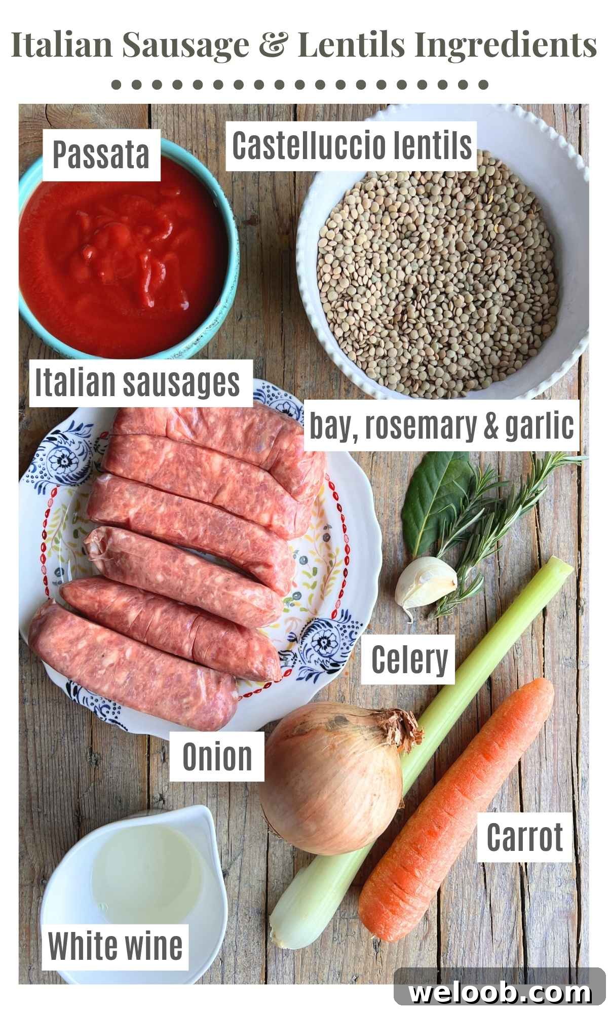 An overhead shot of all the ingredients needed to make Italian sausages and lentils.