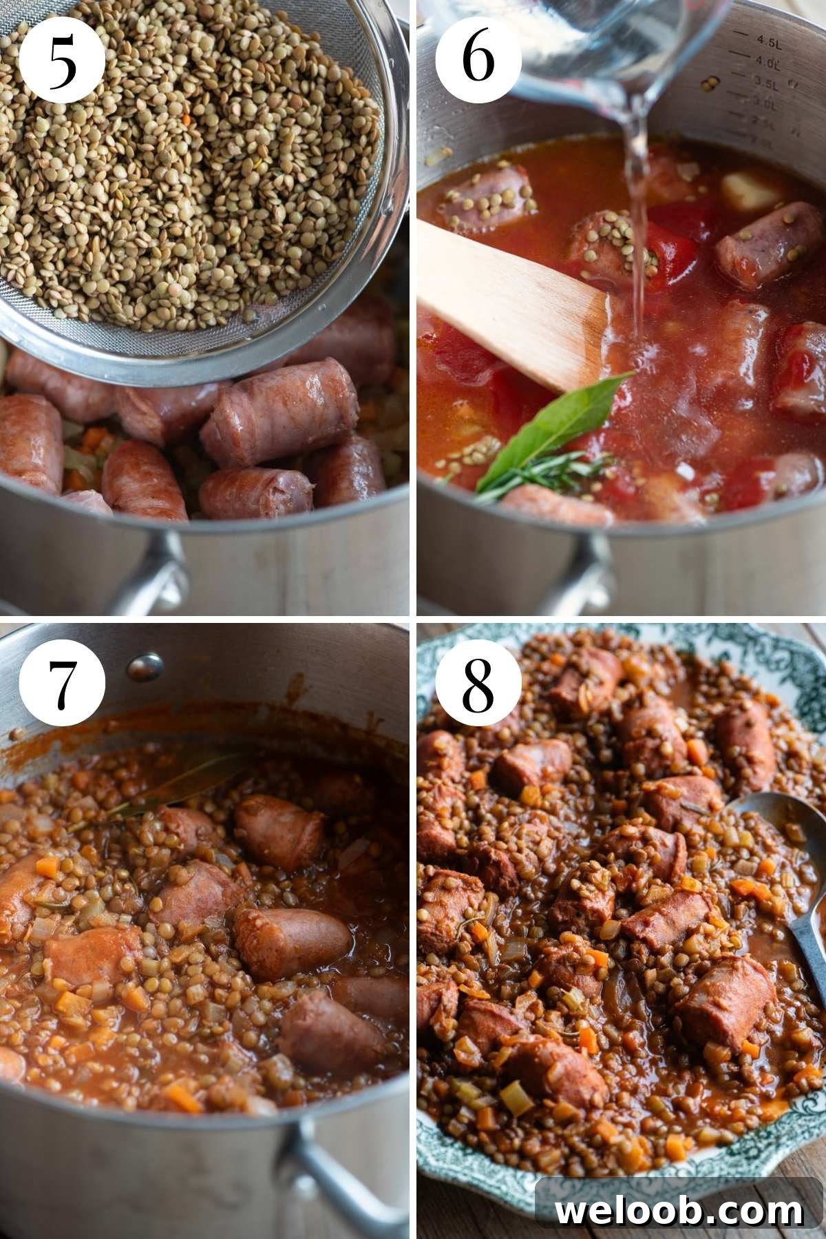 Four photos in a collage showing how to make sausages and lentils with tomato and herbs.