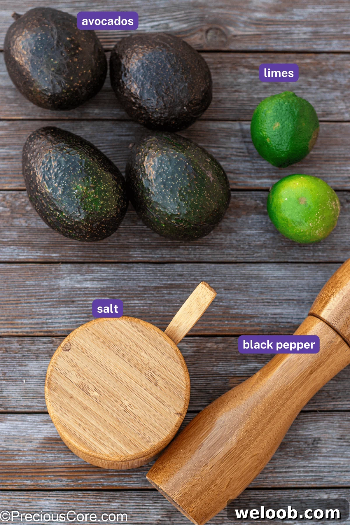 Guacamole ingredients with labels.