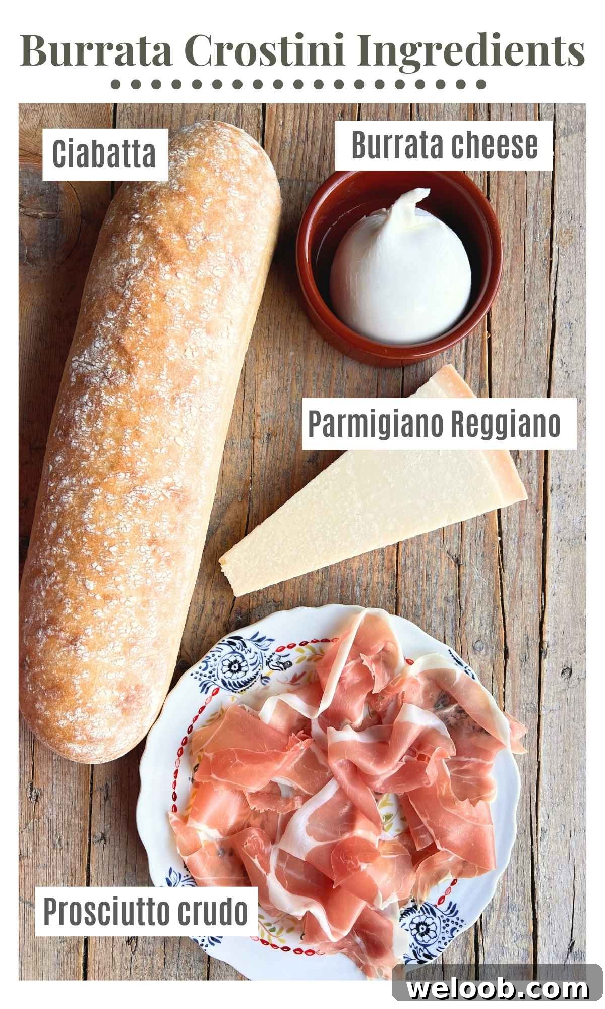An overhead shot of all the ingredients needed to make burrata crostini with parmigiano and crispy prosciutto.