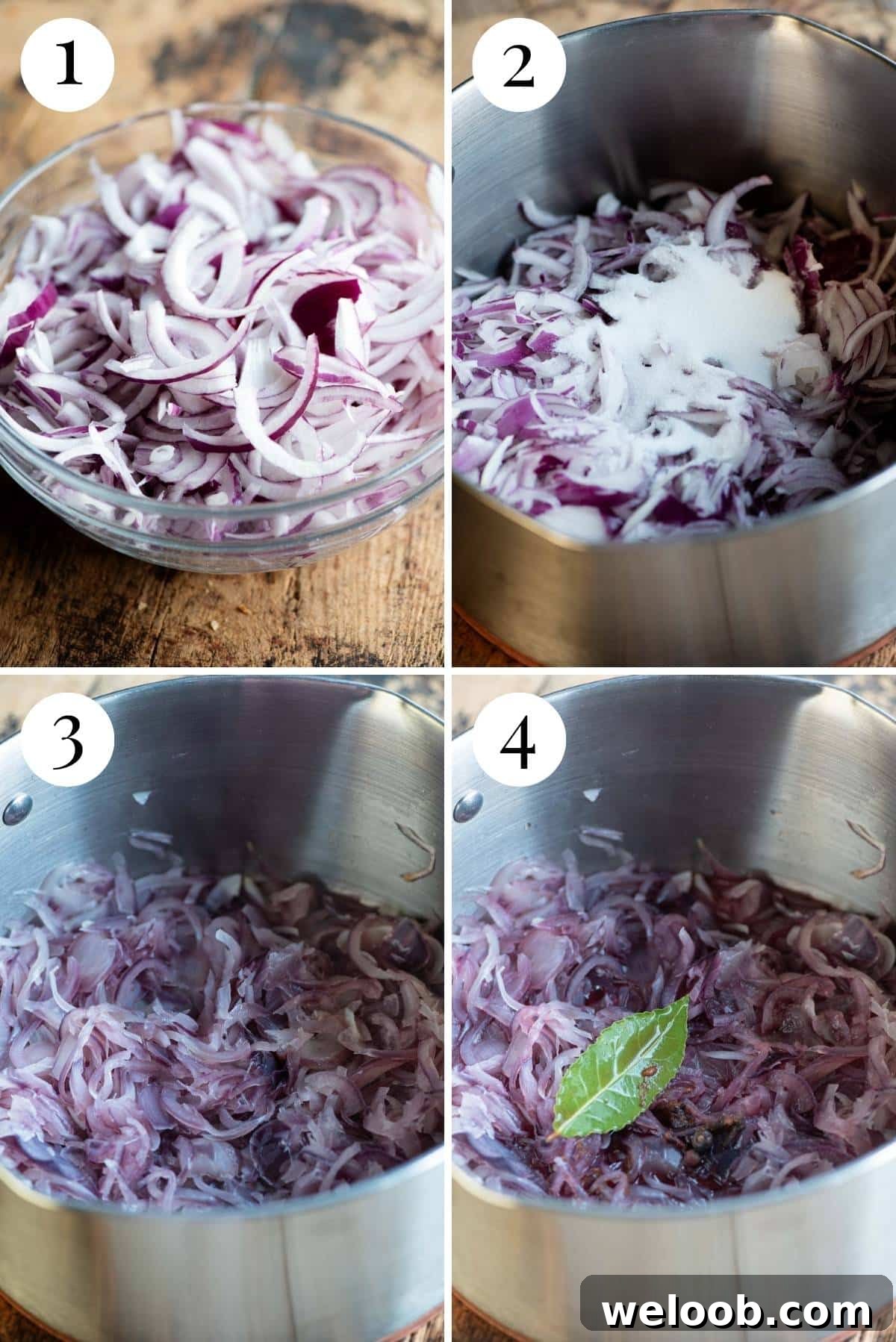 Four photos in a collage showing how to made caramelised red onions with festive spices.