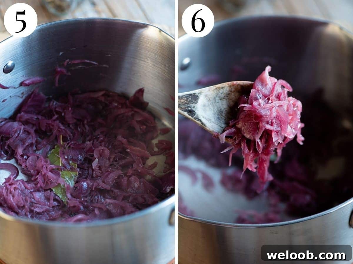 Two photos in a collage showing the final result after cooked caramelised red onions.