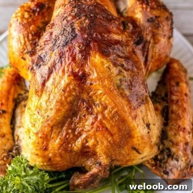 Whole turkey on white platter, garnished with parsley