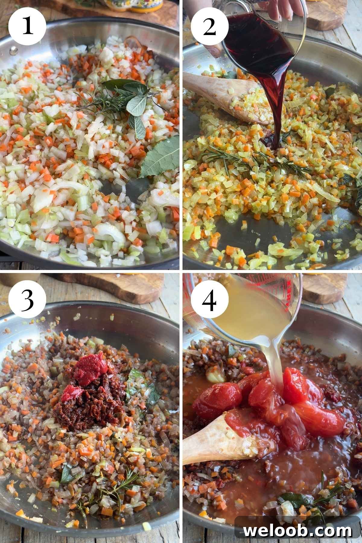 Sugo Finto: Authentic Italian Vegetable Pasta Sauce Recipe 4 Four photos in a collage showing how to make sugo finto.