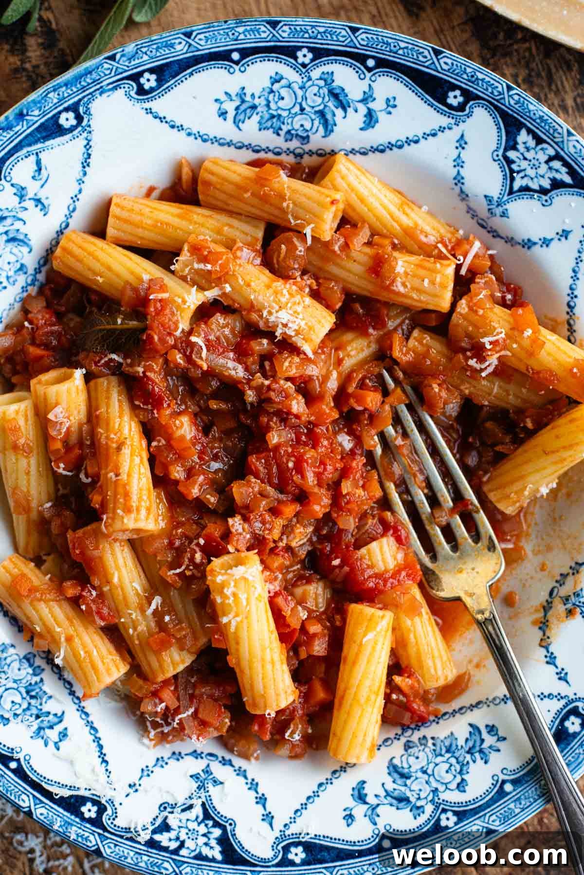 Sugo Finto: Authentic Italian Vegetable Pasta Sauce Recipe 6 An overhead shot of rigatoni pasta with a vegetable sauce in a blue and white bowl.